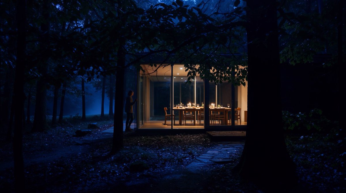 Glass dining pavilion, night forest
