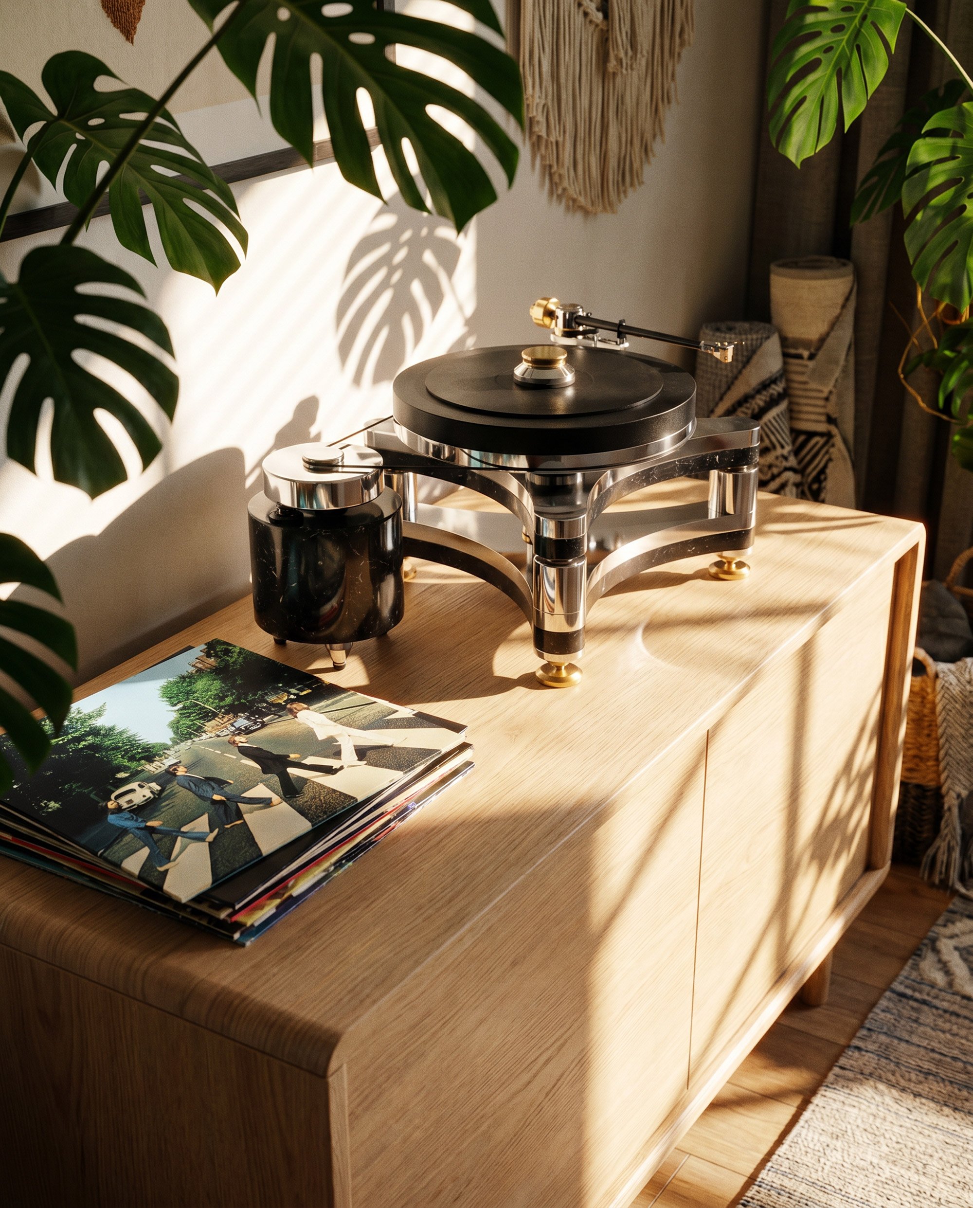 Chrome and marble turntable in morning sun