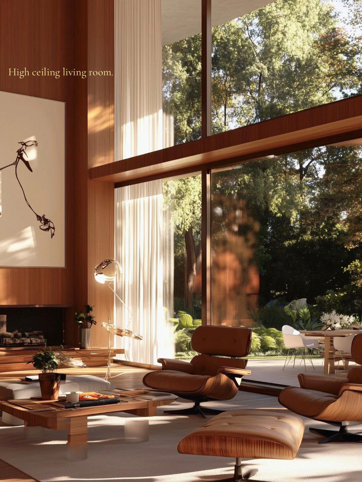 Double-height living room, warm walnut