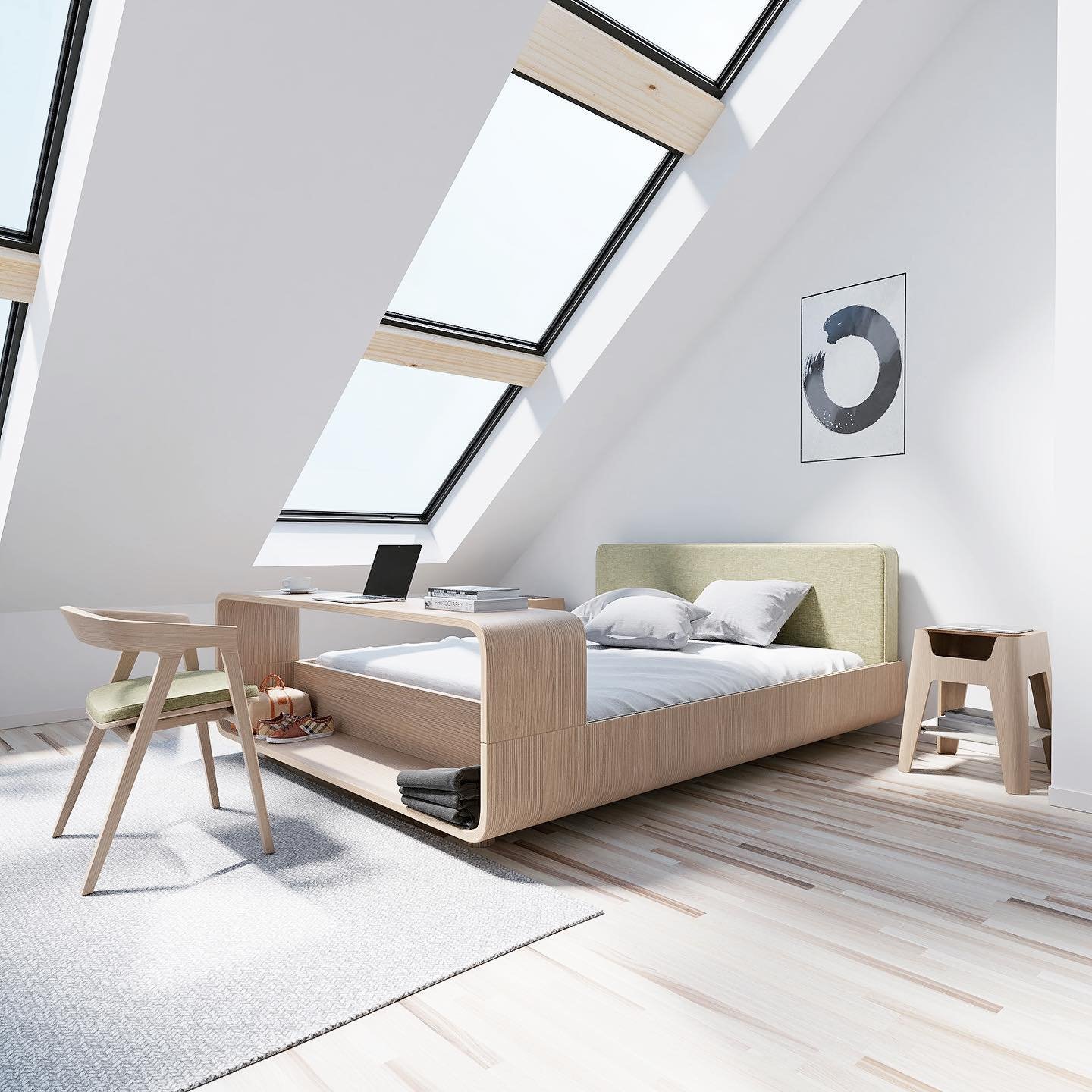 Attic bedroom, wraparound bed-desk unit