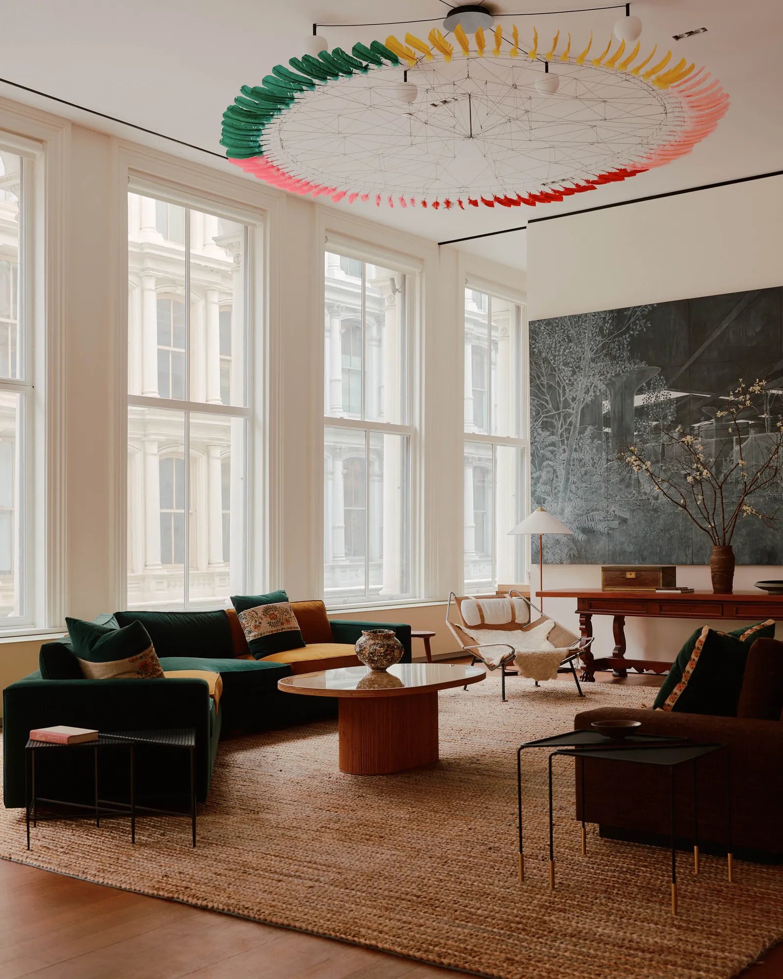 Loft lounge with feather-ring chandelier