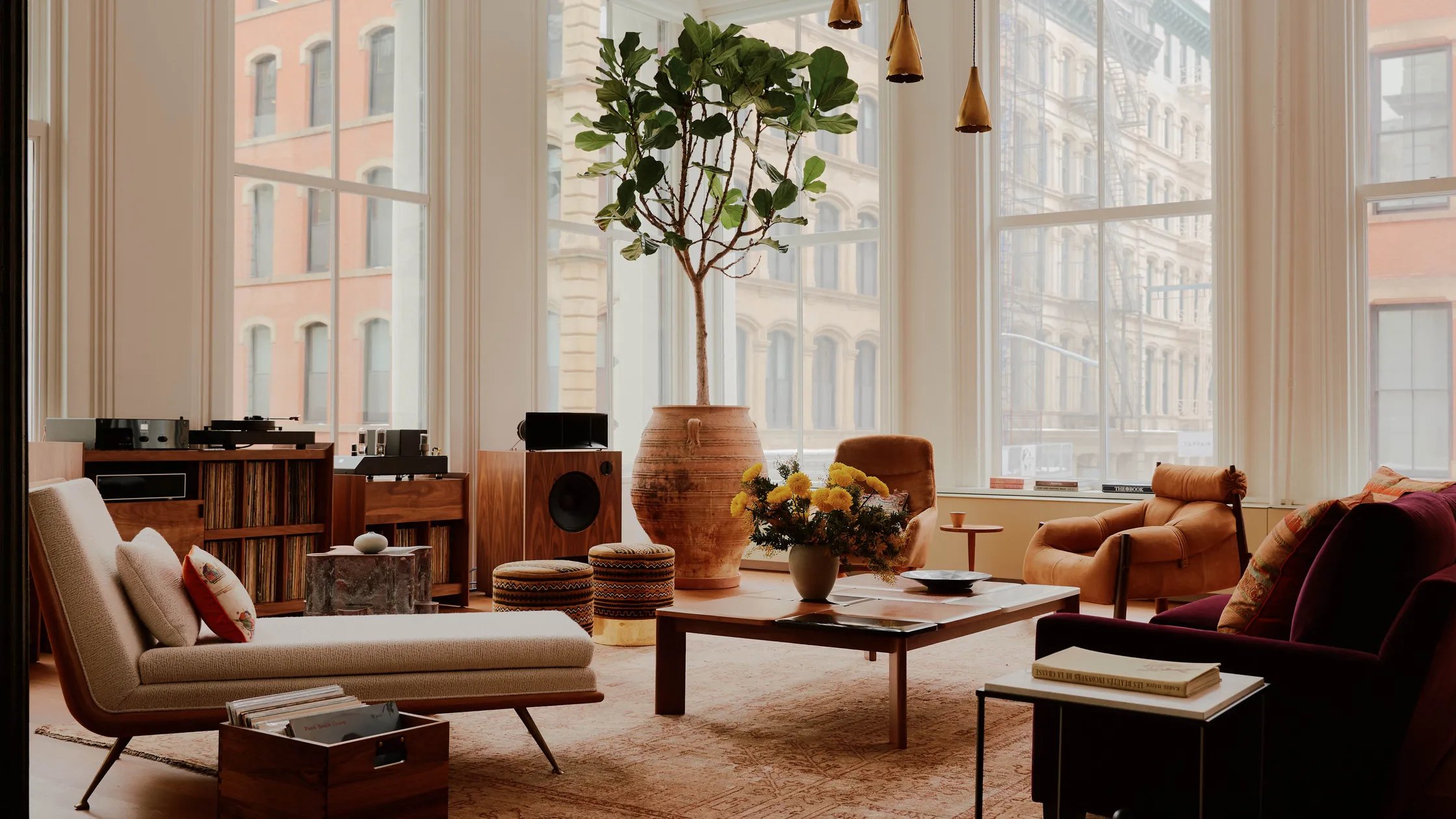 Loft listening room with hi-fi and terracotta urn