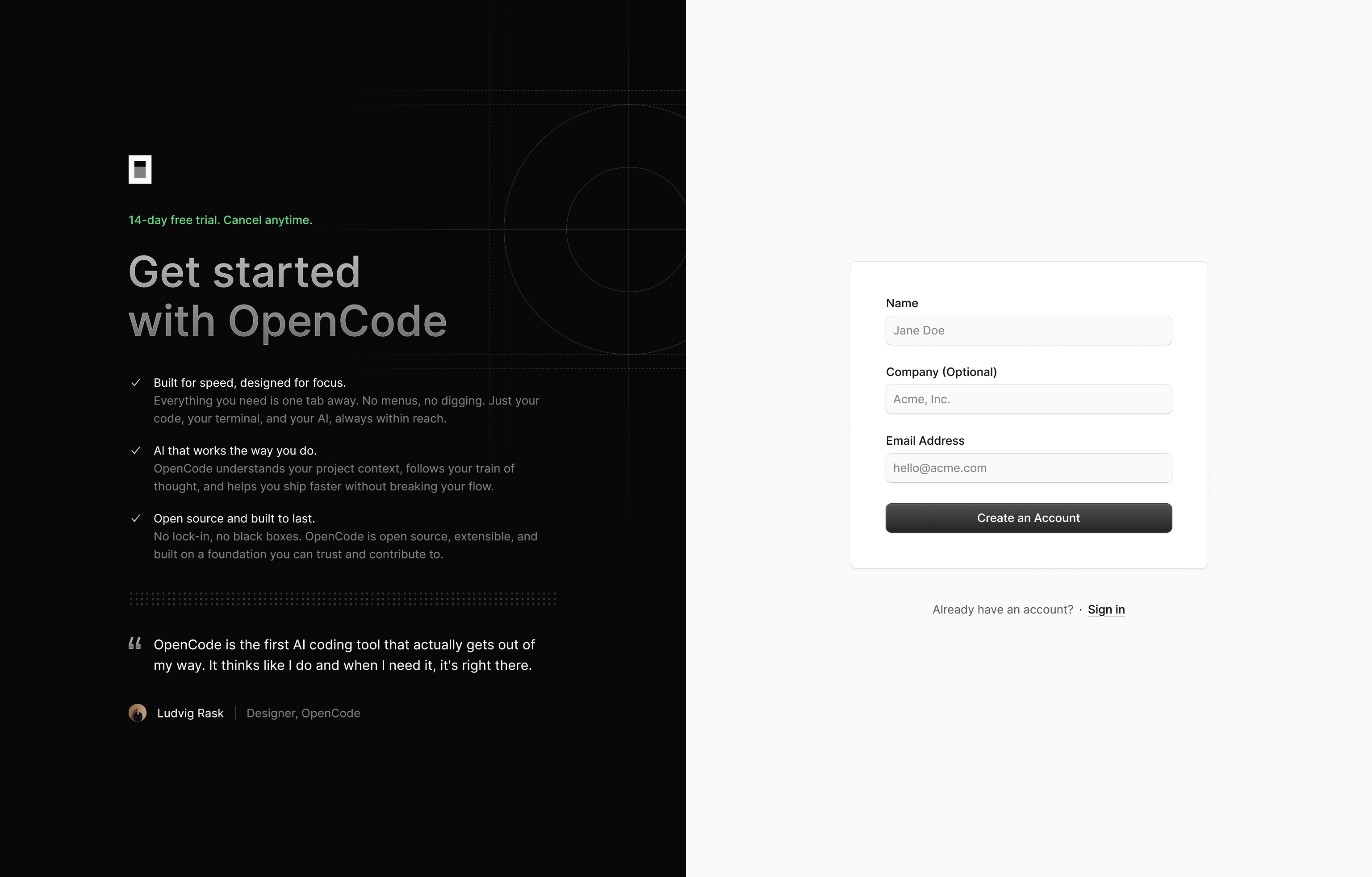 OpenCode sign-up split screen
