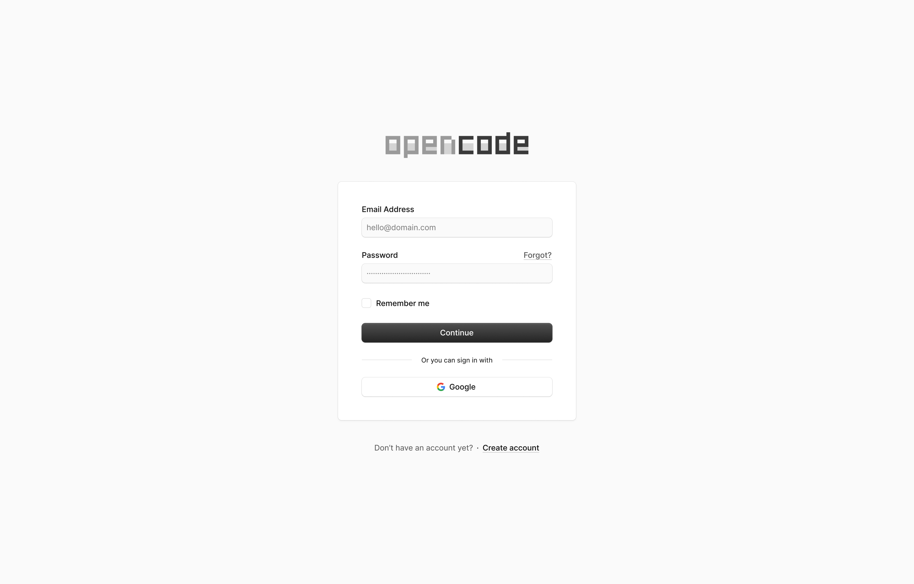 Opencode login screen