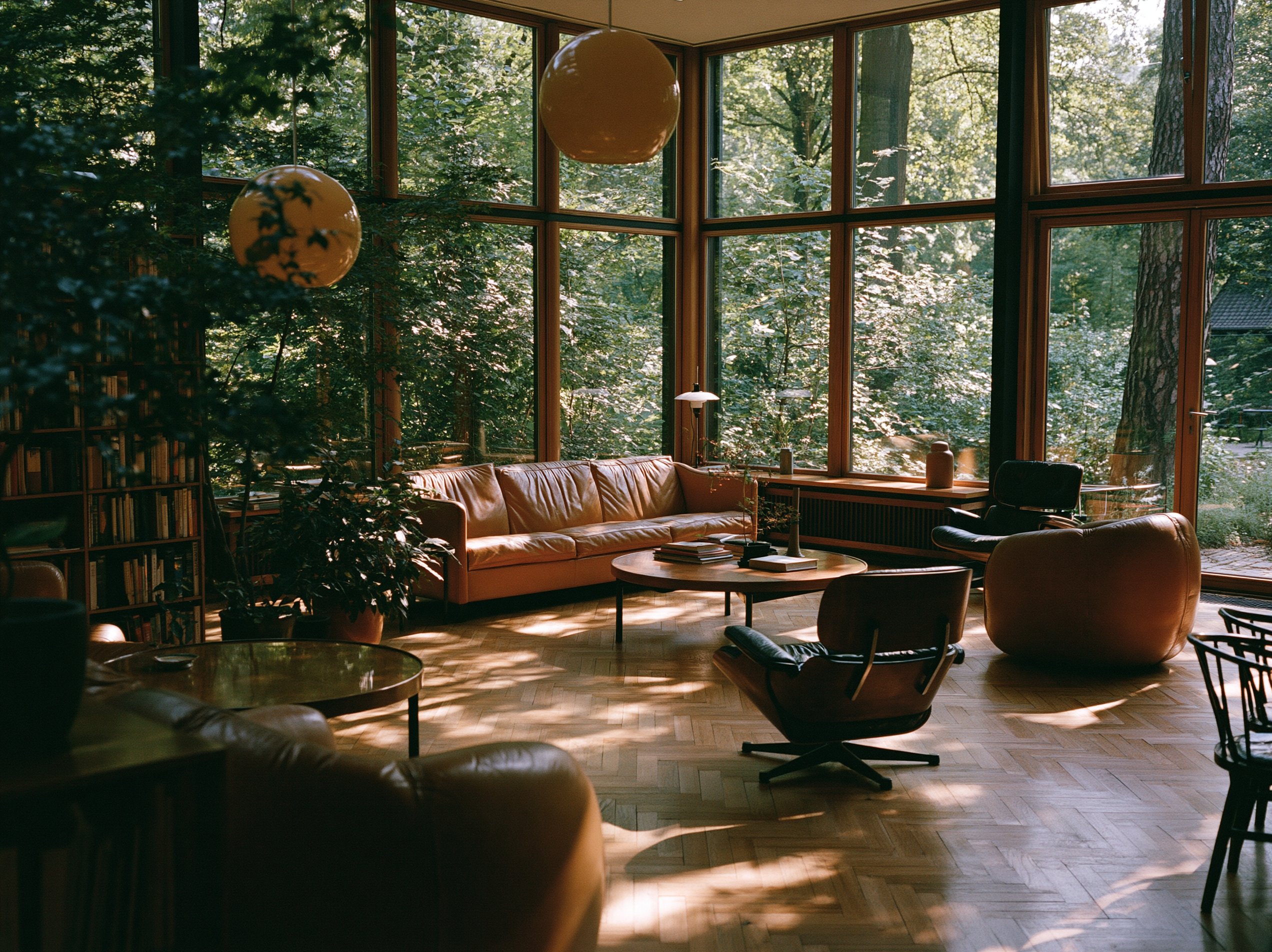 Forest-facing living room, golden light
