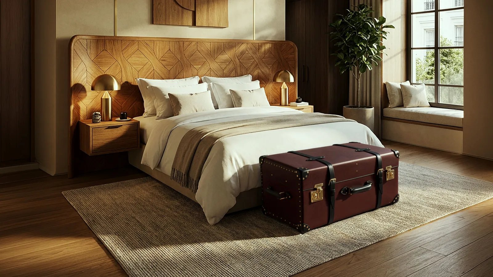 Bedroom render with marquetry headboard and steamer trunk