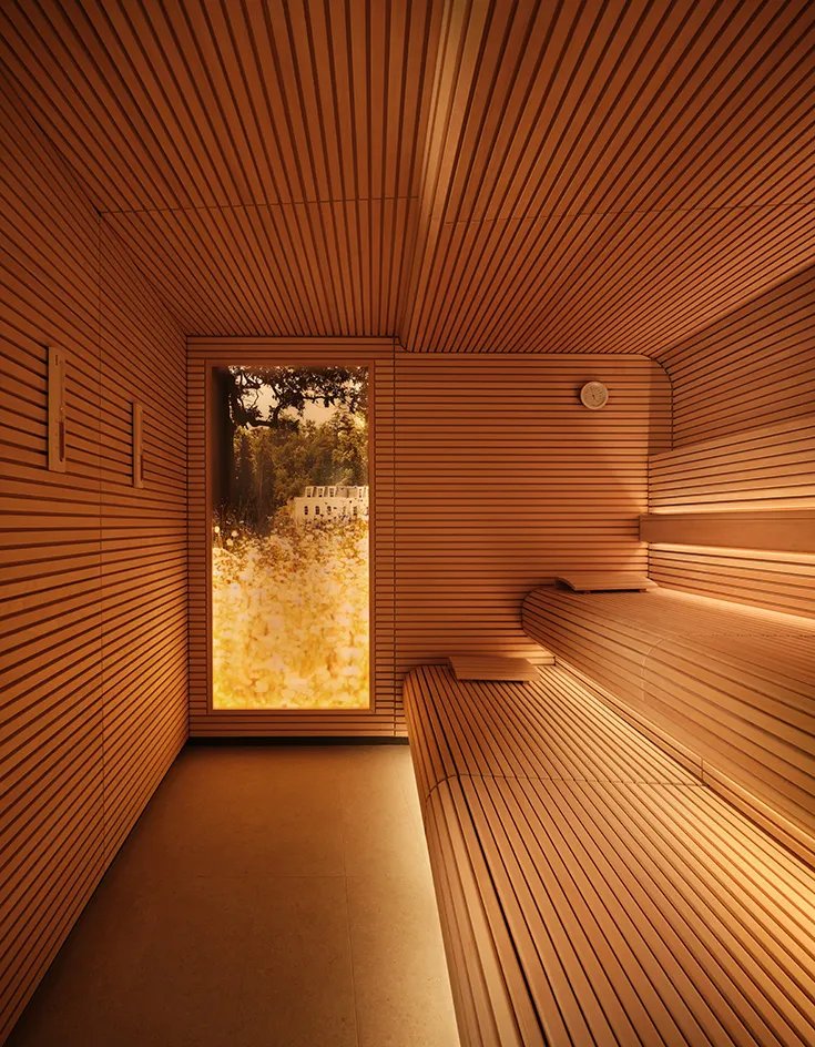 Slatted timber sauna with meadow window