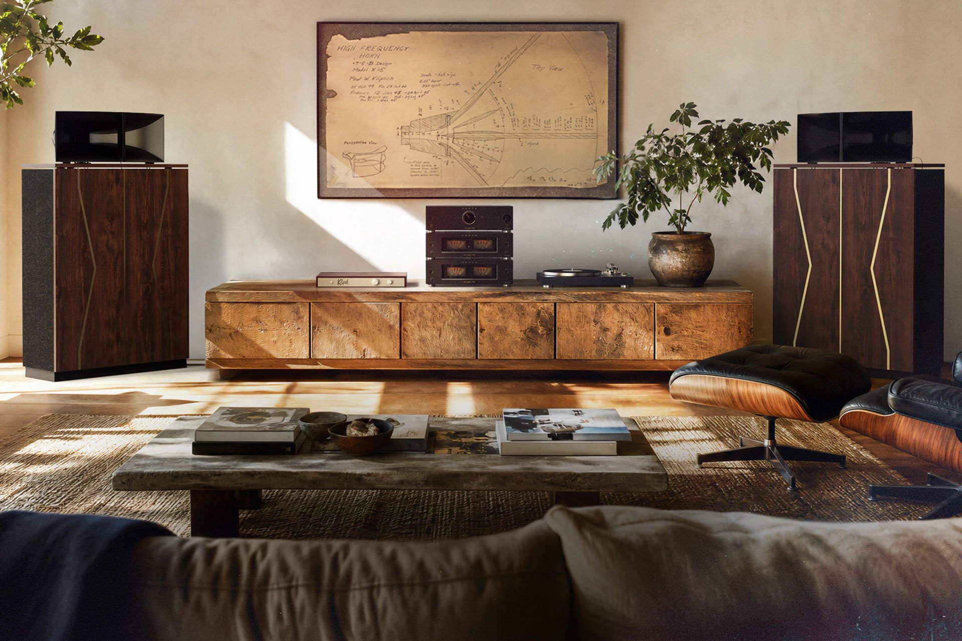 Klipsch listening room with burl console