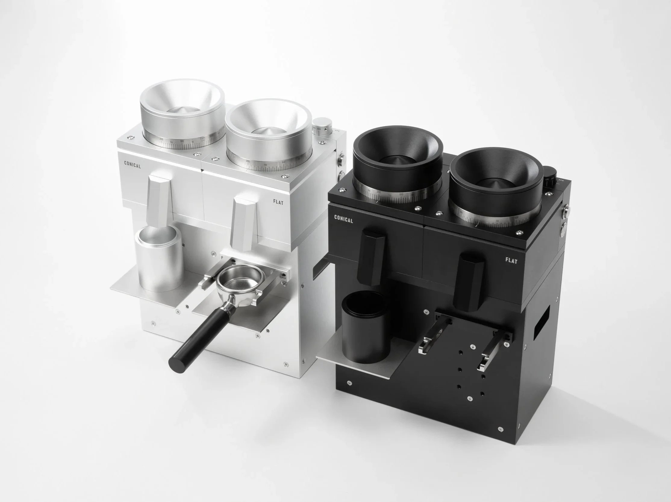 Dual-burr coffee grinders in silver and black