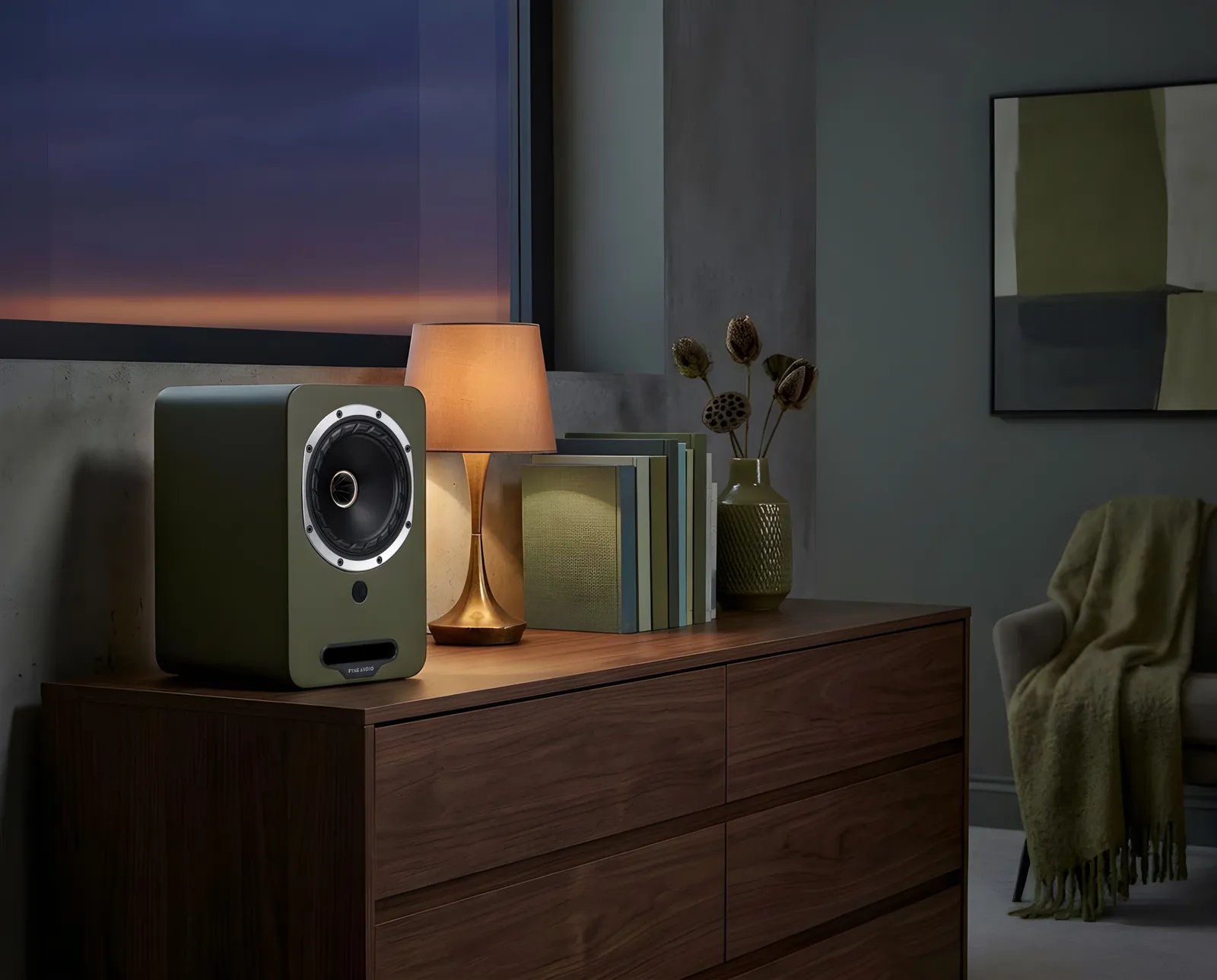 Fyne Audio speaker in dusk-lit bedroom