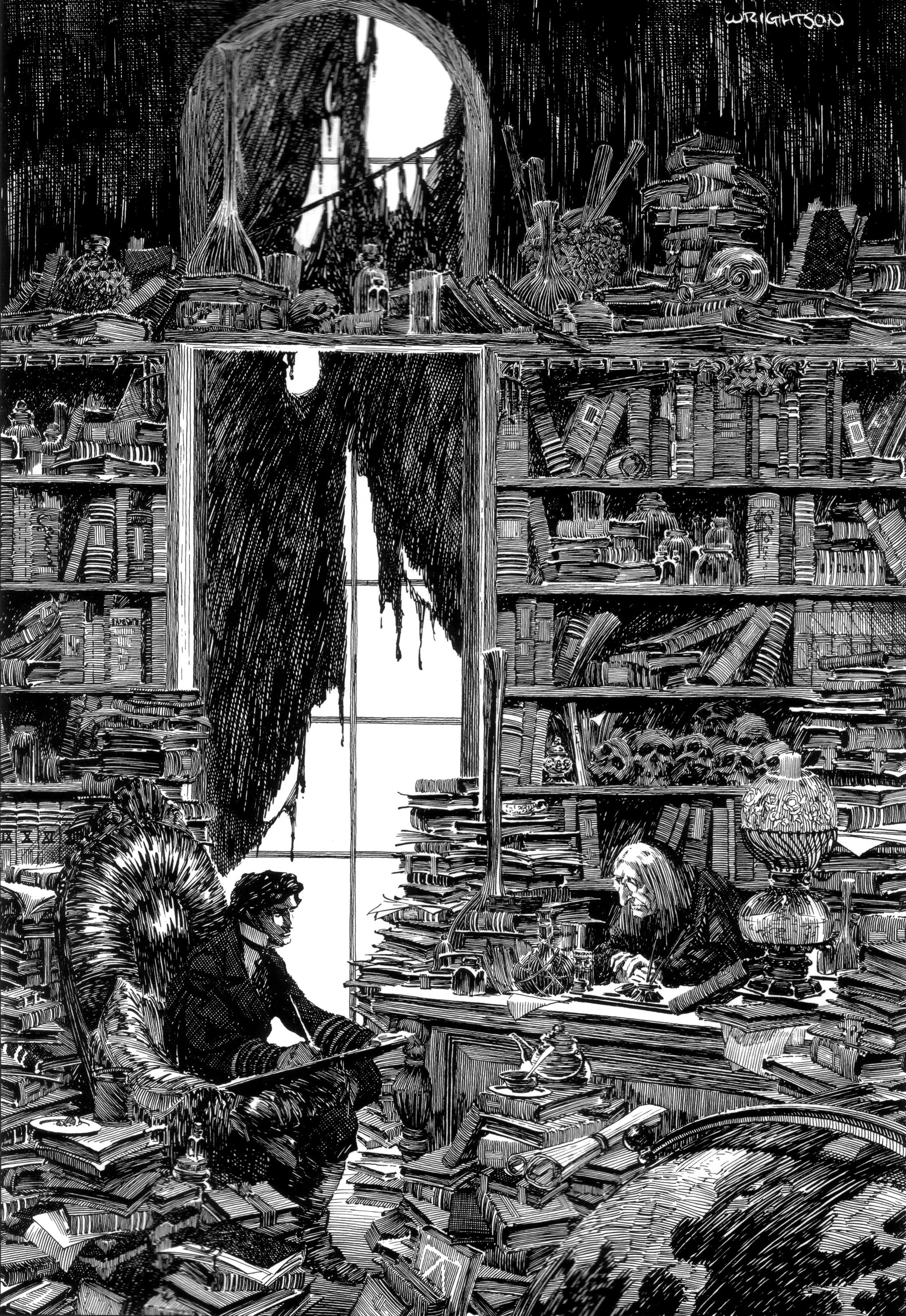 Wrightson Frankenstein study scene