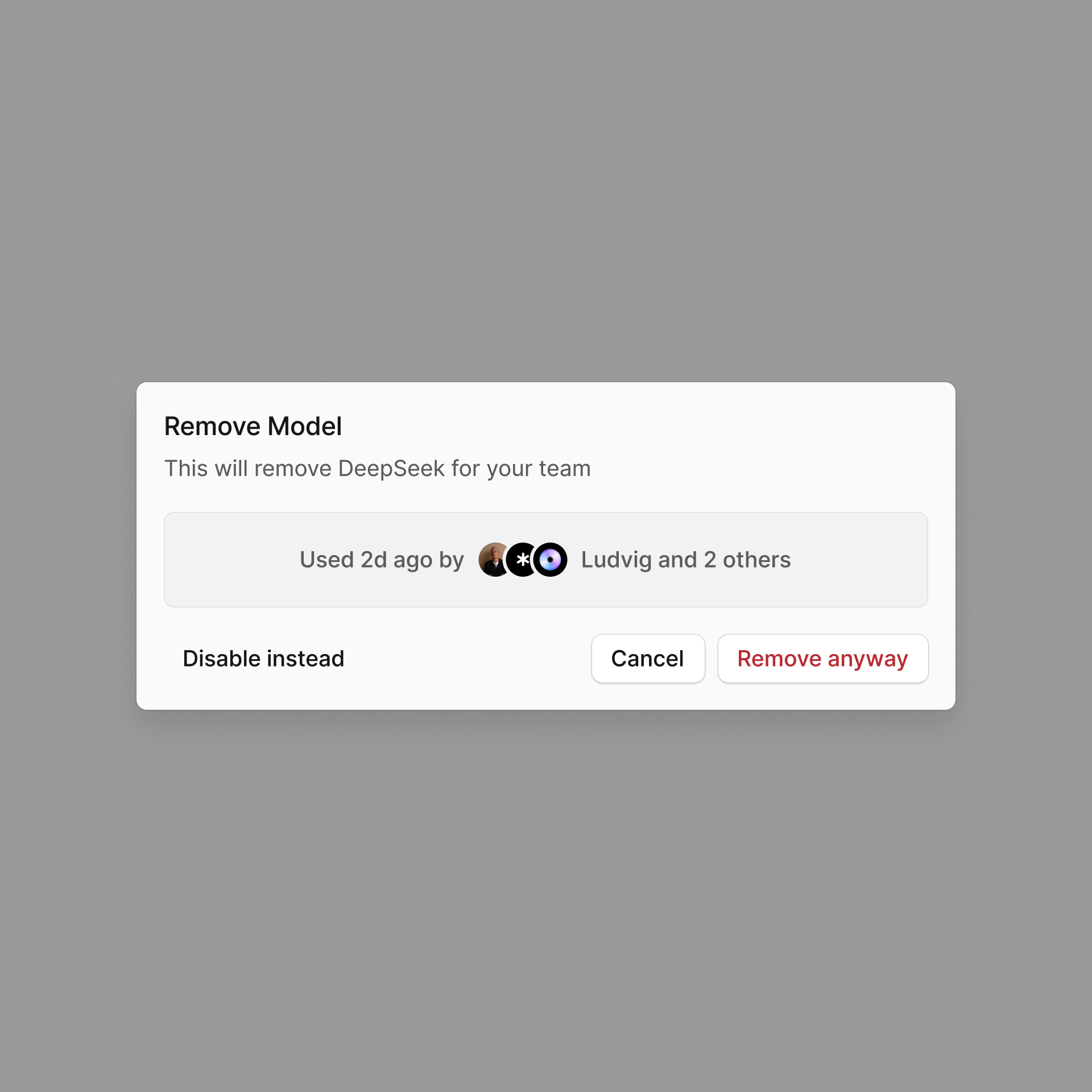 Remove model confirmation dialog