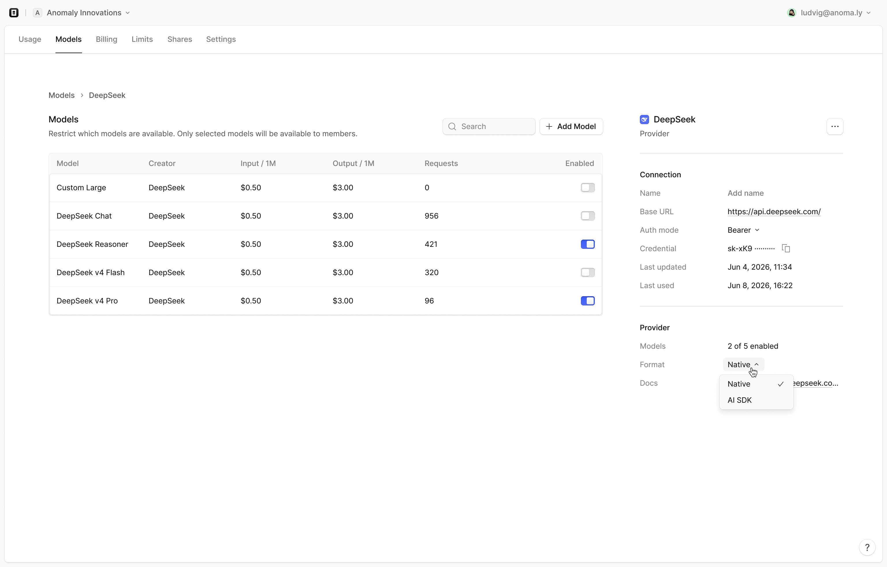 Model provider settings page
