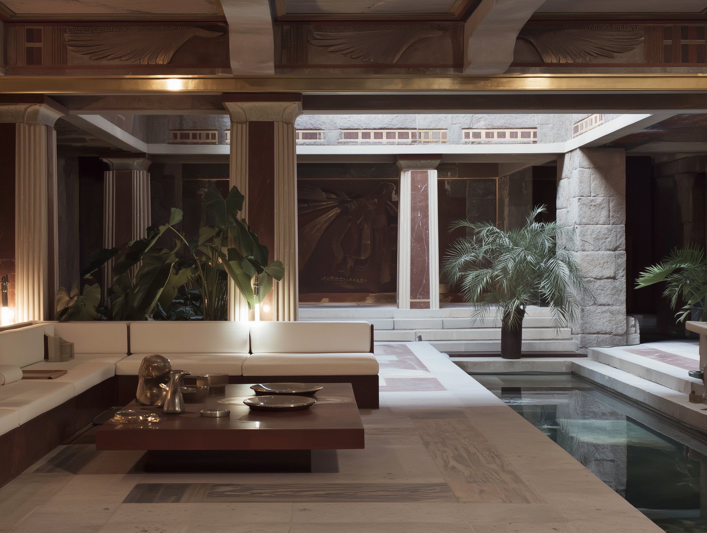 Art Deco lobby with indoor pool