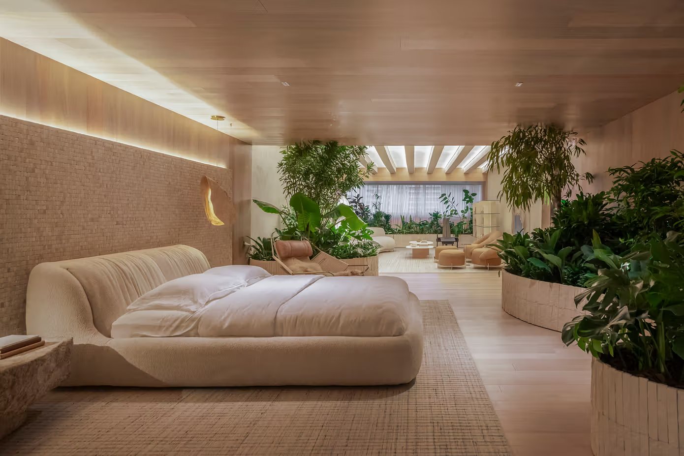Plant-filled bedroom in warm wood tones