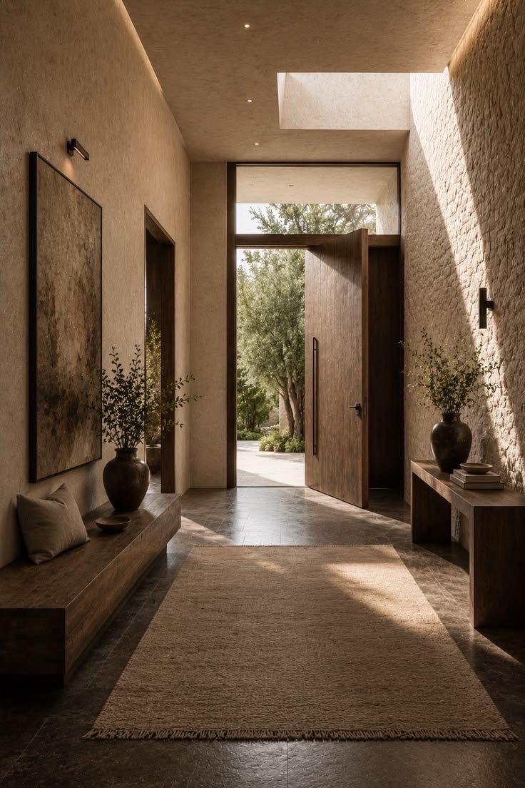 Sunlit stone entry hall with pivot door