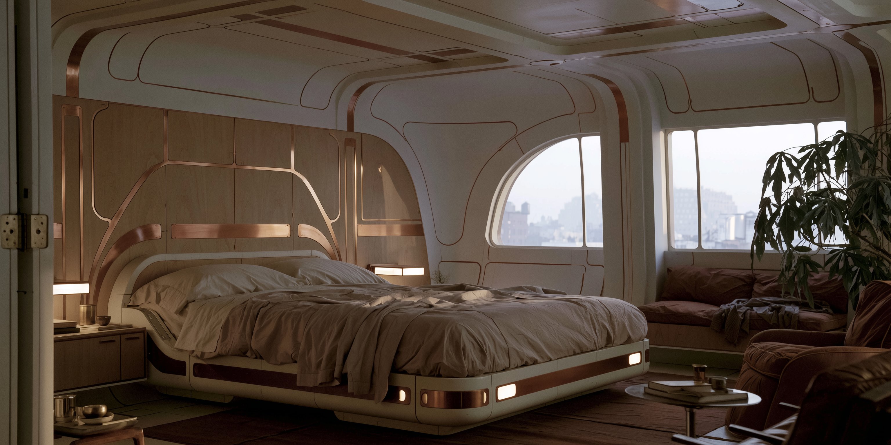 Retro-futurist bedroom with city view