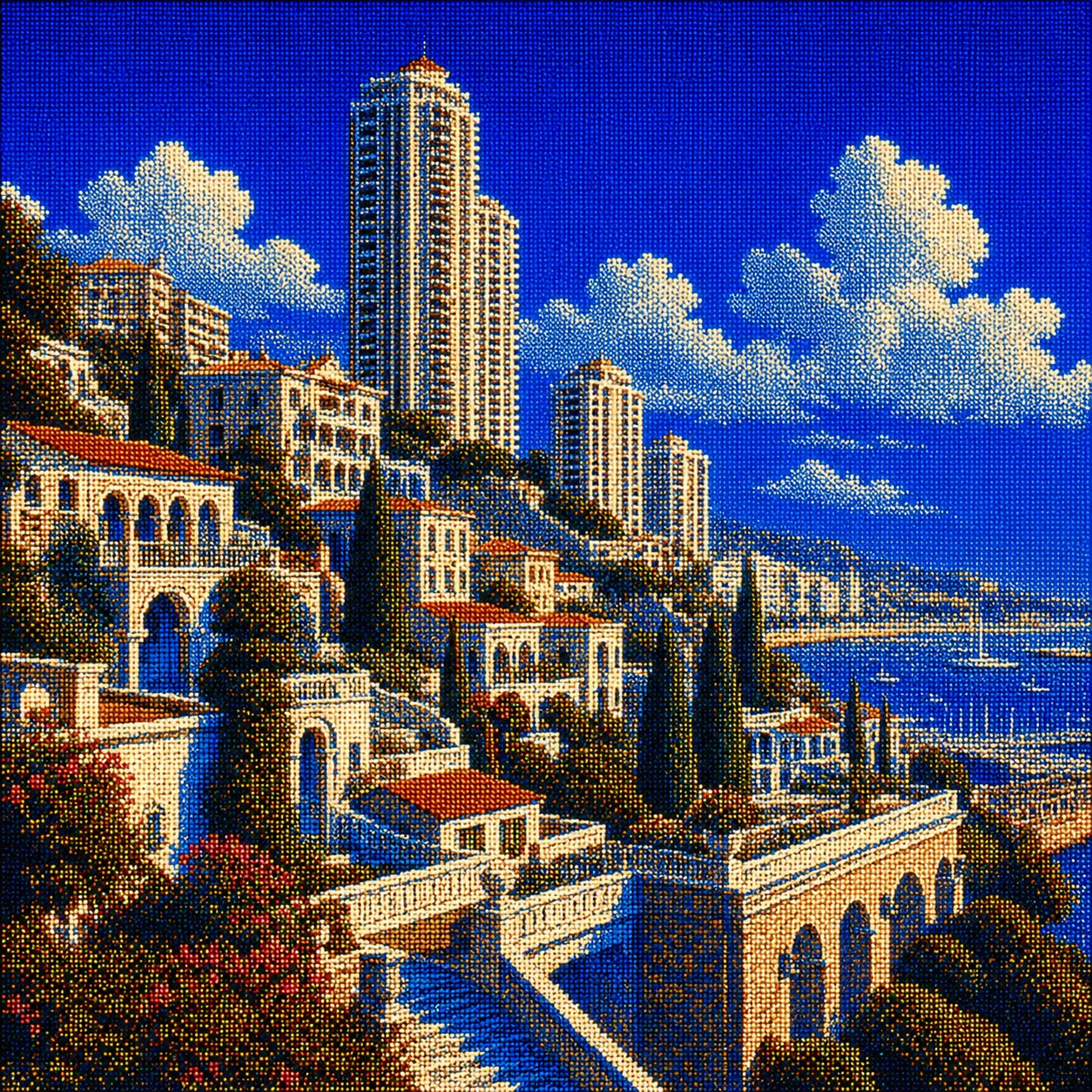 Cross-stitch Mediterranean cityscape