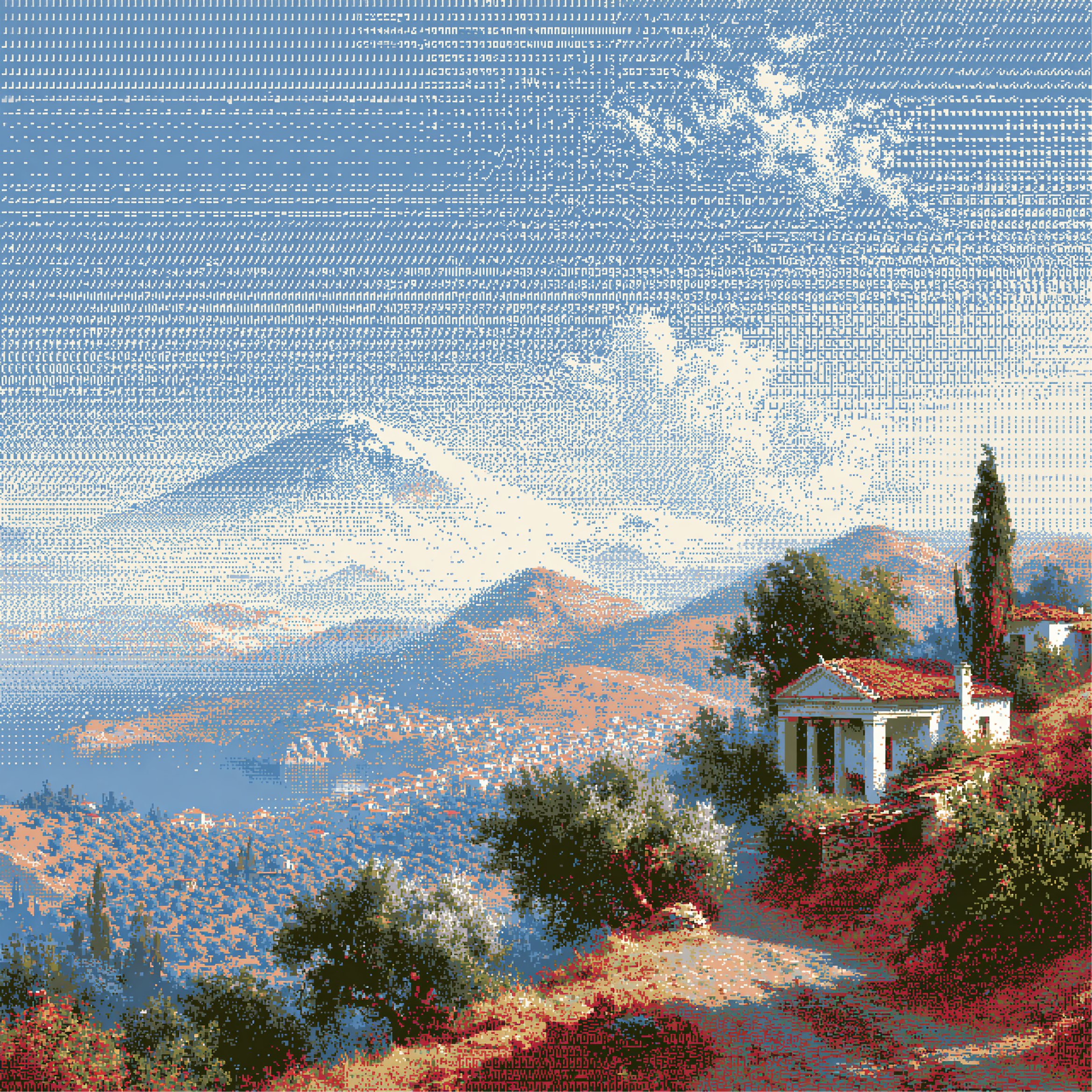 Dithered Mediterranean hillside
