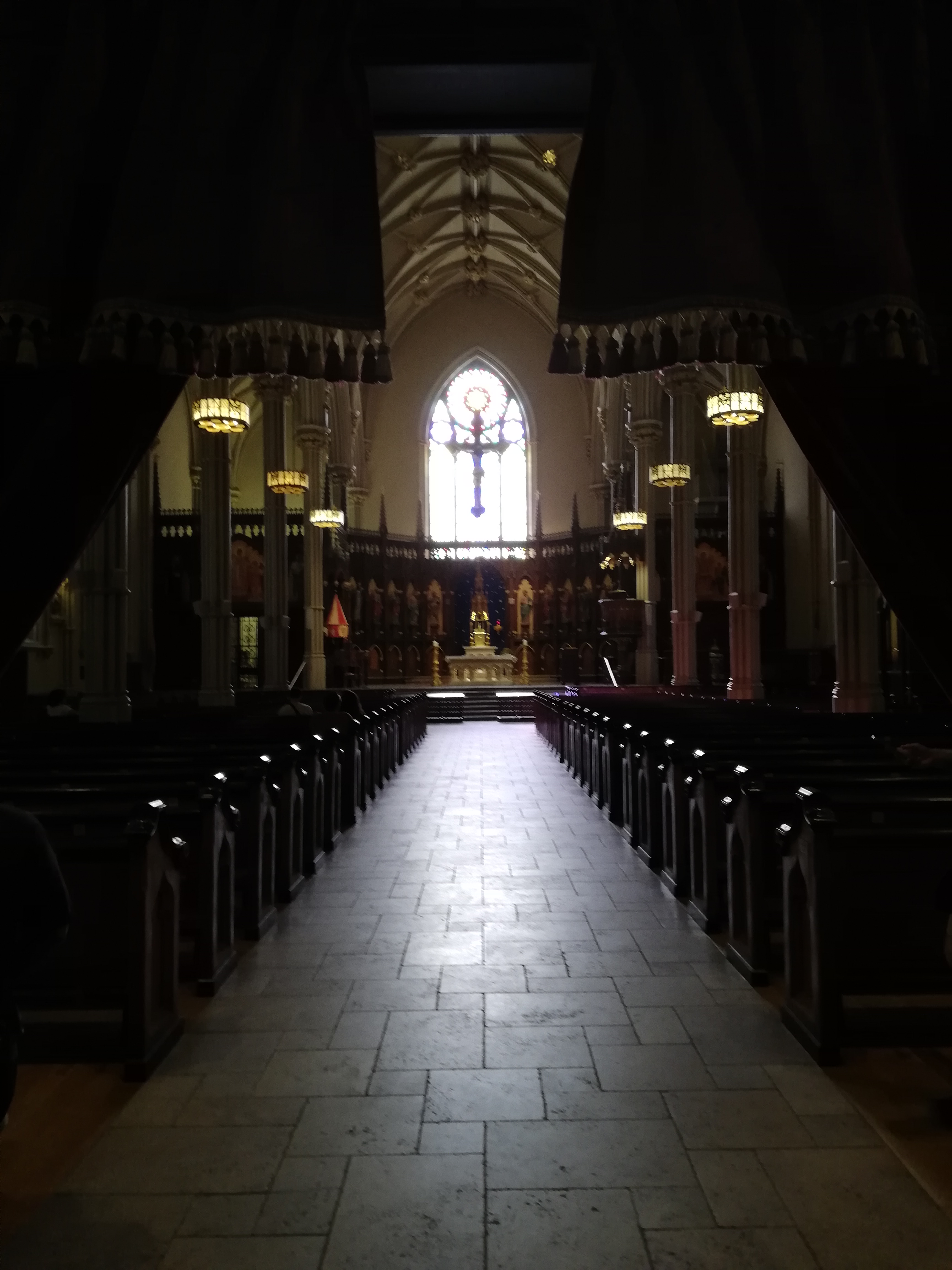 Gothic cathedral nave toward the altar