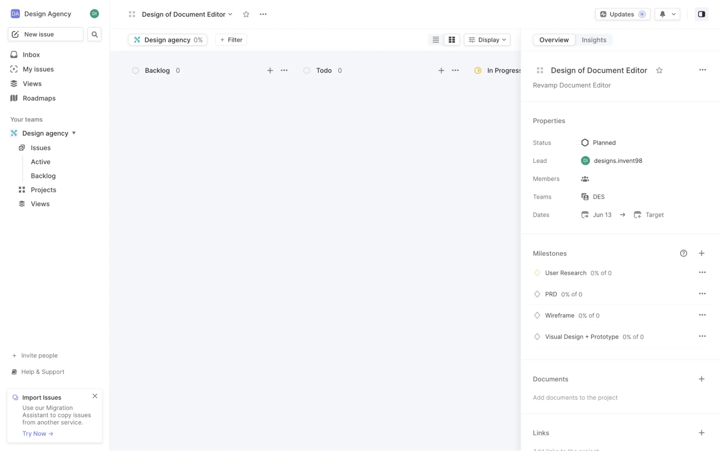 Linear — Project board & detail panel