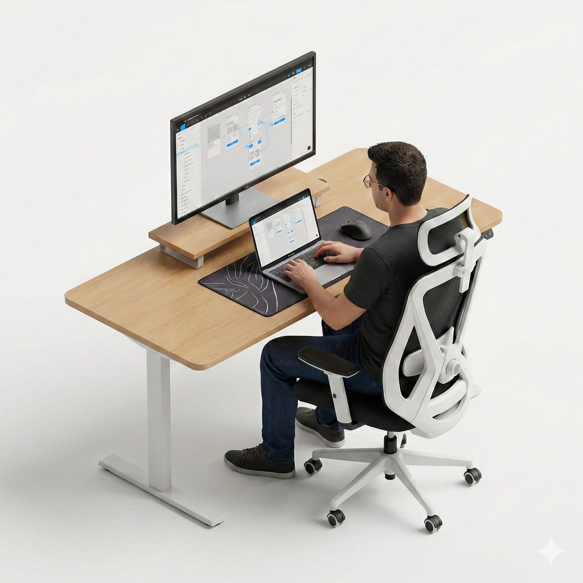 Ergonomic desk and mesh chair workspace render